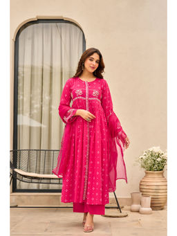WOOMN - Women Pure Cotton Printed Pink Anarkali Kurta with Pant and Dupatta