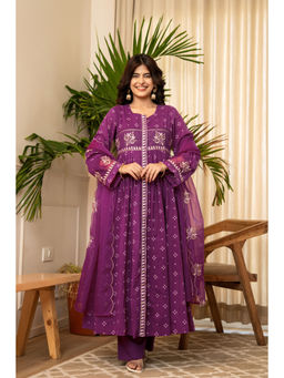 WOOMN - Women Pure Cotton Printed Purple Anarkali Kurta with Pant and Dupatta