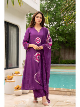 WOOMN - Women Muslin Silk Tie & Dye Purple Kurta with Pant and Dupatta