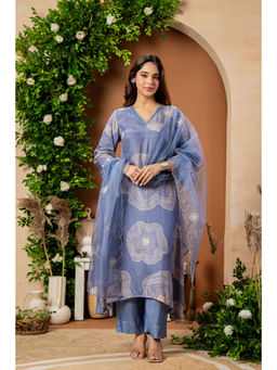 WOOMN - Women Muslin Silk Printed Blue Kurta with Pant and Dupatta