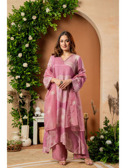 WOOMN - Women Muslin Silk Printed Pink Kurta with Pant and Dupatta