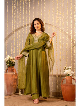 WOOMN - Women Art Silk Embroidered Green Kurta with Pant and Dupatta