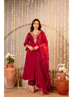 WOOMN - Women Art Silk Embroidered Maroon Kurta with Pant and Dupatta