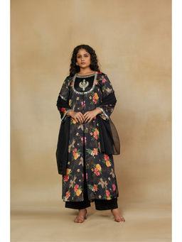 Mamicha - Women Polyester Floral Black Kurta with Palazzo and Dupatta