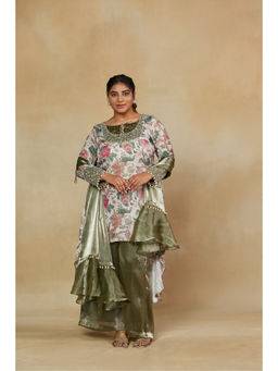 Mamicha - Women Silk Blend Floral White Kurta with Palazzo and Dupatta