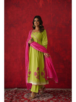 GANGA GRACE - Women Cotton Embroidered Green Angrakha Kurta with Pant and Dupatta