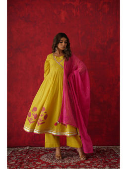 GANGA GRACE - Women Cotton Embroidered Yellow Angrakha Kurta with Pant and Dupatta