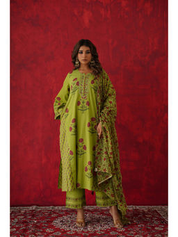 GANGA GRACE - Women Cotton Printed Green Kurta with Pant and Dupatta