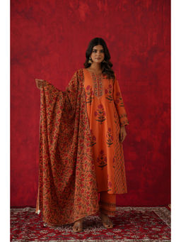 GANGA GRACE - Women Cotton Printed Orange Kurta with Pant and Dupatta