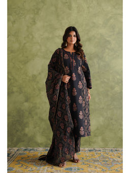GANGA GRACE - Women Cotton Printed Black Kurta with Pant and Dupatta