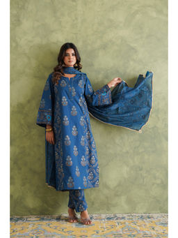 GANGA GRACE - Women Cotton Printed Blue Kurta with Pant and Dupatta
