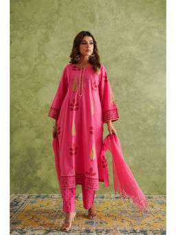 GANGA GRACE - Women Cotton Printed Pink Kurta with Pant and Dupatta