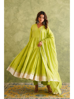 GANGA GRACE - Women Cotton Solid Green Angrakha Kurta with Pant and Dupatta