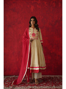 GANGA GRACE - Women Cotton Embroidered Cream Anarkali Kurta with Palazzo and Dupatta