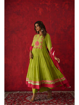 GANGA GRACE - Women Cotton Embroidered Green Anarkali Kurta with Palazzo and Dupatta