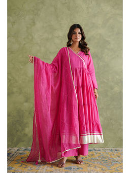 GANGA GRACE - Women Cotton Solid Pink Angrakha Kurta with Pant and Dupatta