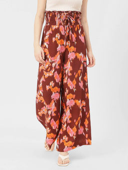 Moomaya - Women Gathered Fit Rayon Printed Brown Palazzo