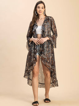 Moomaya - Women Comfortable Fit Georgette Animal Print Beige Shrug