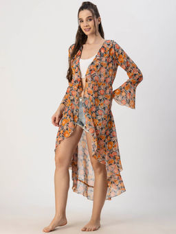 Moomaya - Women Comfortable Fit Georgette Floral Orange Shrug