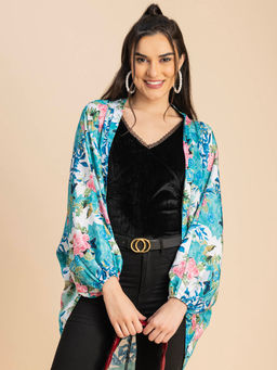 Moomaya - Women Comfortable Fit Satin Floral Blue Shrug