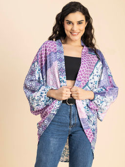 Moomaya - Women Comfortable Fit Satin Floral Purple Shrug