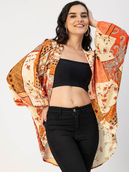Moomaya - Women Comfortable Fit Satin Floral Orange Shrug