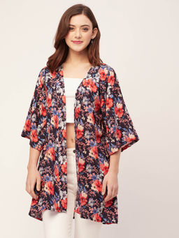 Moomaya - Women Comfortable Fit Rayon Floral Navy Blue Shrug