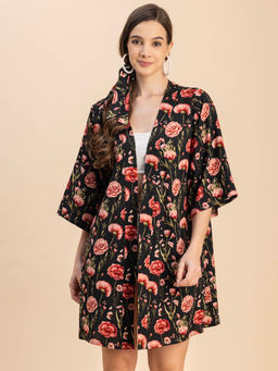 Moomaya - Women Comfortable Fit Rayon Floral Black Shrug