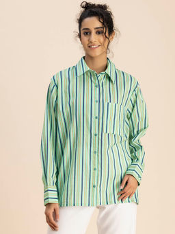 Moomaya - Women Comfortable Fit Cotton Stripes Green Shirt