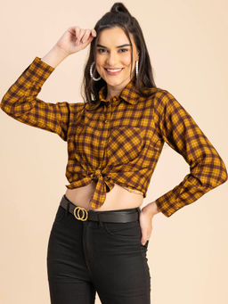 Moomaya - Women Comfortable Fit Rayon Checks Mustard Shirt