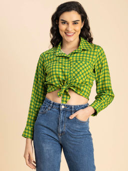 Moomaya - Women Comfortable Fit Rayon Checks Green Shirt