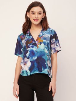Moomaya - Women Comfortable Fit Rayon Printed Blue Shirt