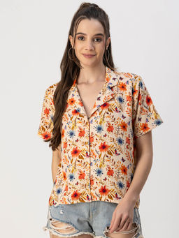 Moomaya - Women Comfortable Fit Rayon Floral Orange Shirt