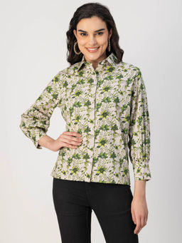 Moomaya - Women Comfortable Fit Poplin Floral Multi-Color Shirt
