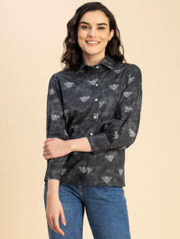 Moomaya - Women Comfortable Fit Poplin Printed Black Shirt