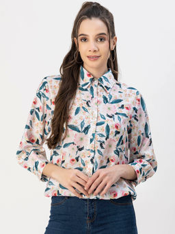Moomaya - Women Comfortable Fit Satin Floral White Shirt