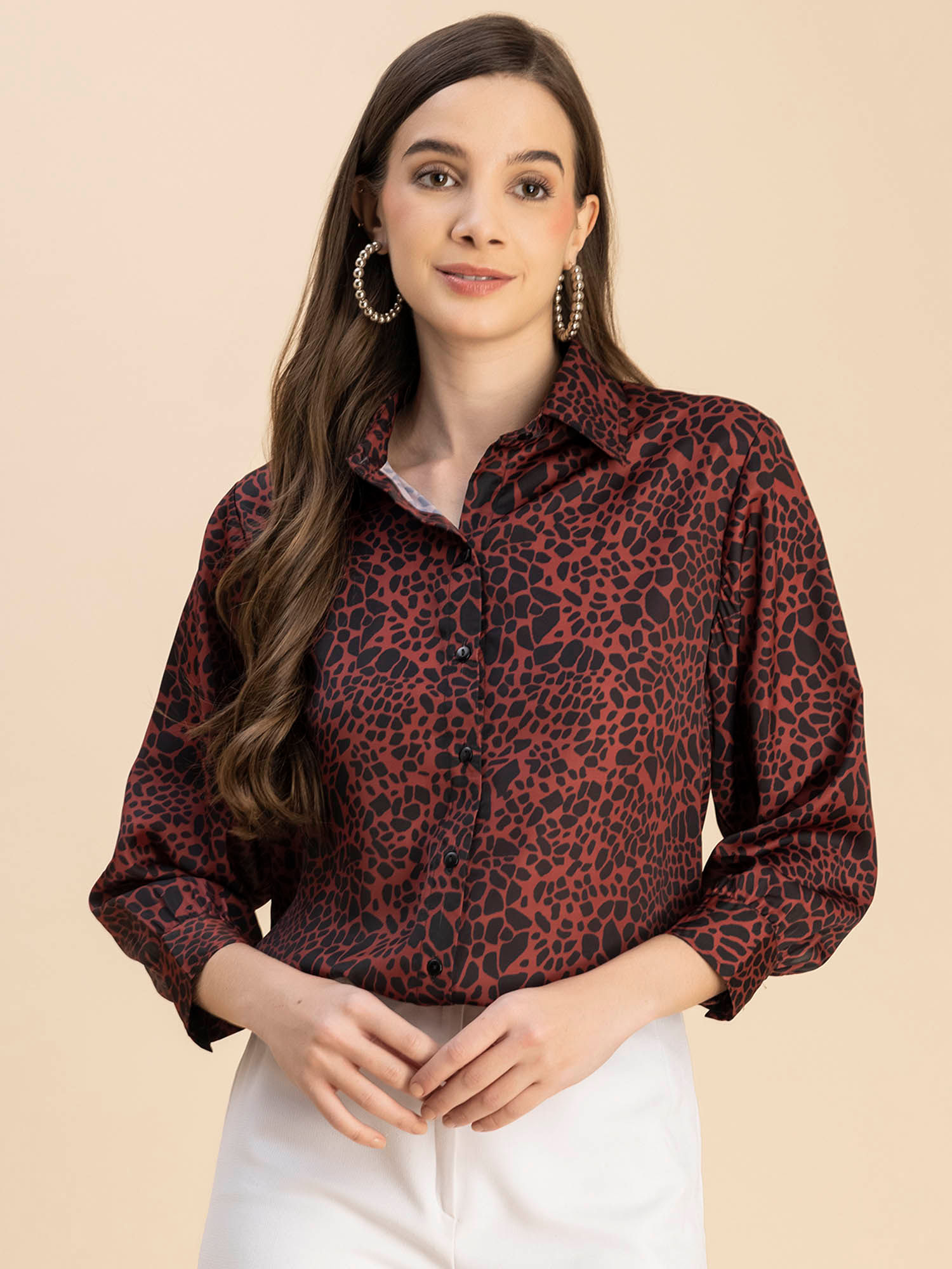 moomaya Women Comfortable Fit Satin Animal Print Brown Shirt-picture-40