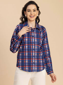 Moomaya - Women Free Fit Poplin Checks Blue Shirt