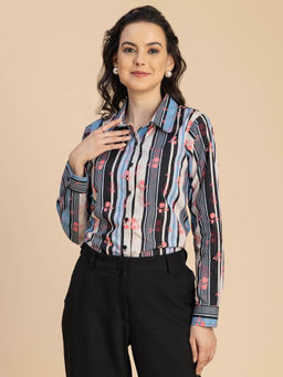 Moomaya - Women Free Fit Poplin Stripes Multi-Color Shirt