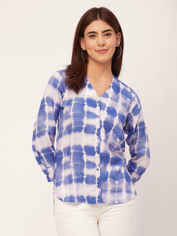 Moomaya - Women Free Fit Rayon Tie & Dye Blue Shirt