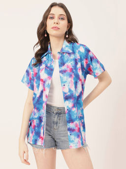 Moomaya - Women Comfortable Fit Rayon Tie & Dye Blue Shirt