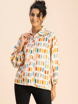 Moomaya - Women Free Fit Rayon Geometric Multi-Color Shirt