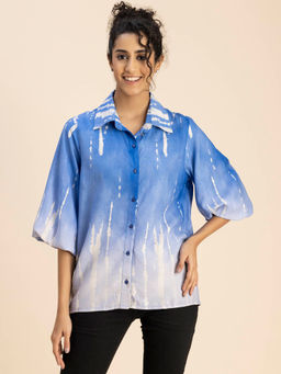 Moomaya - Women Free Fit Rayon Tie & Dye Blue Shirt