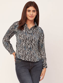 Moomaya - Women Comfortable Fit Satin Animal Print Black Shirt
