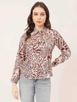 Moomaya - Women Comfortable Fit Satin Animal Print Beige Shirt