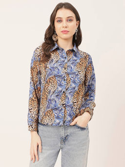 Moomaya - Women Comfortable Fit Satin Animal Print Multi-Color Shirt