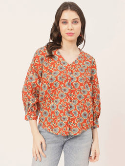 Moomaya - Women Comfortable Fit Cotton Floral Orange Shirt
