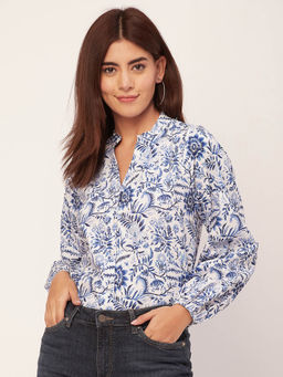 Moomaya - Women Comfortable Fit Poplin Floral White Shirt