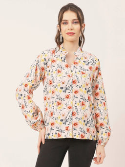 Moomaya - Women Comfortable Fit Poplin Floral Pink Shirt