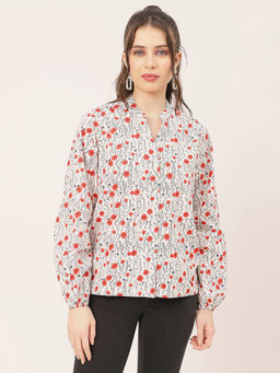 Moomaya - Women Comfortable Fit Poplin Floral White Shirt
